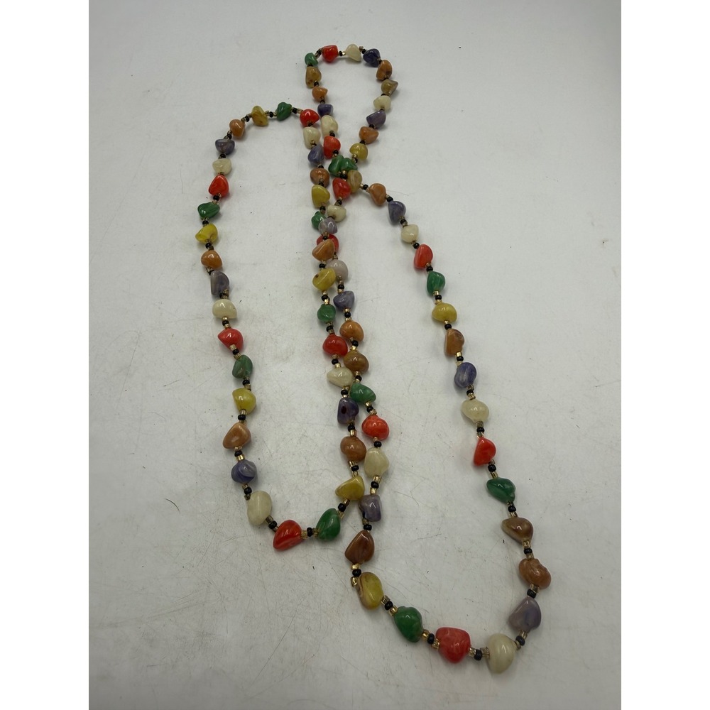 Vintage Multicolor Polished Stone Nugget Long Strand Necklace Boho 44 Inch